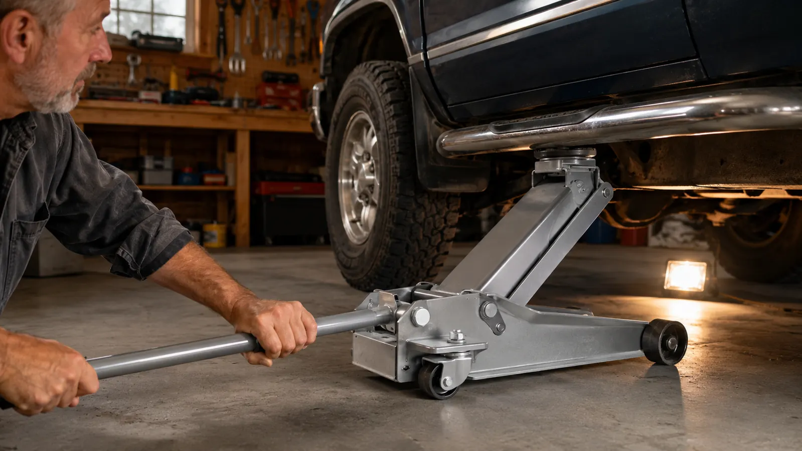 A hand working the handle of a floor jack positioned under the frame of a pickup truck in a garage
