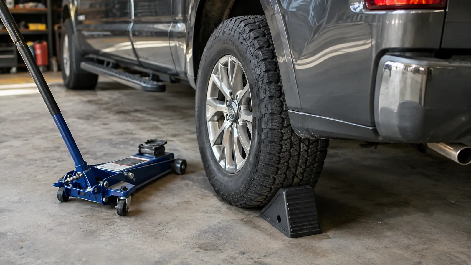 A floor jack and a rubber wheel chock placed behind the rear tire of a pickup truck on a garage floor