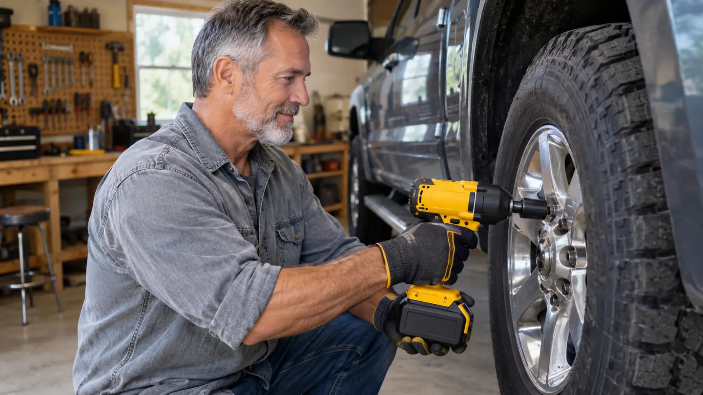 A gloved hand using a cordless impact wrench to loosen a lug nut on a pickup truck wheel