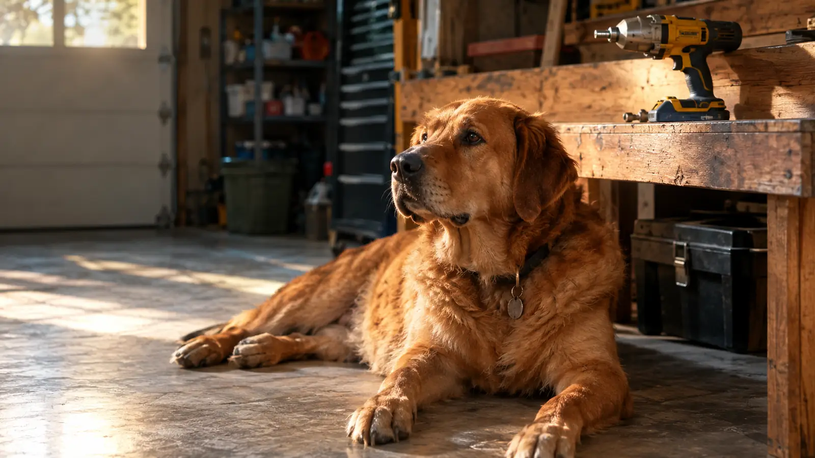 A large dog lying on the garage floor near a workbench while a cordless impact wrench sits on the bench