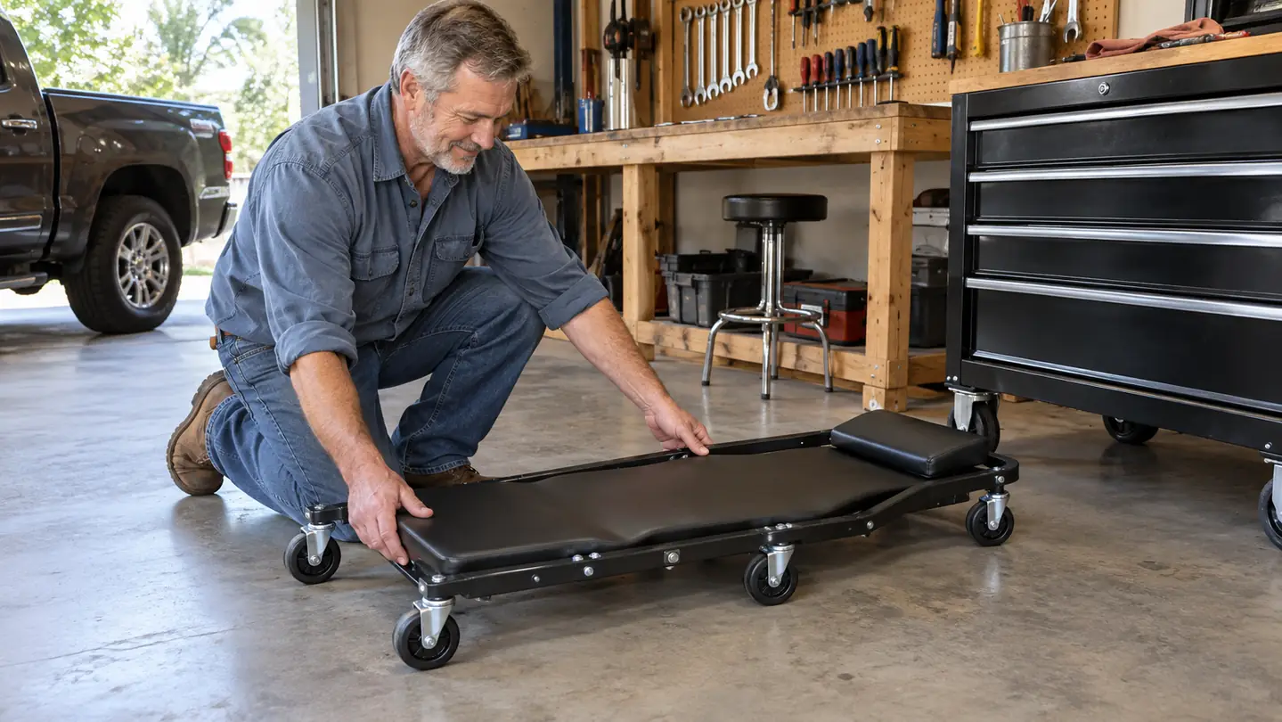A creeper with padded headrest and six wheels parked beside a rolling tool chest