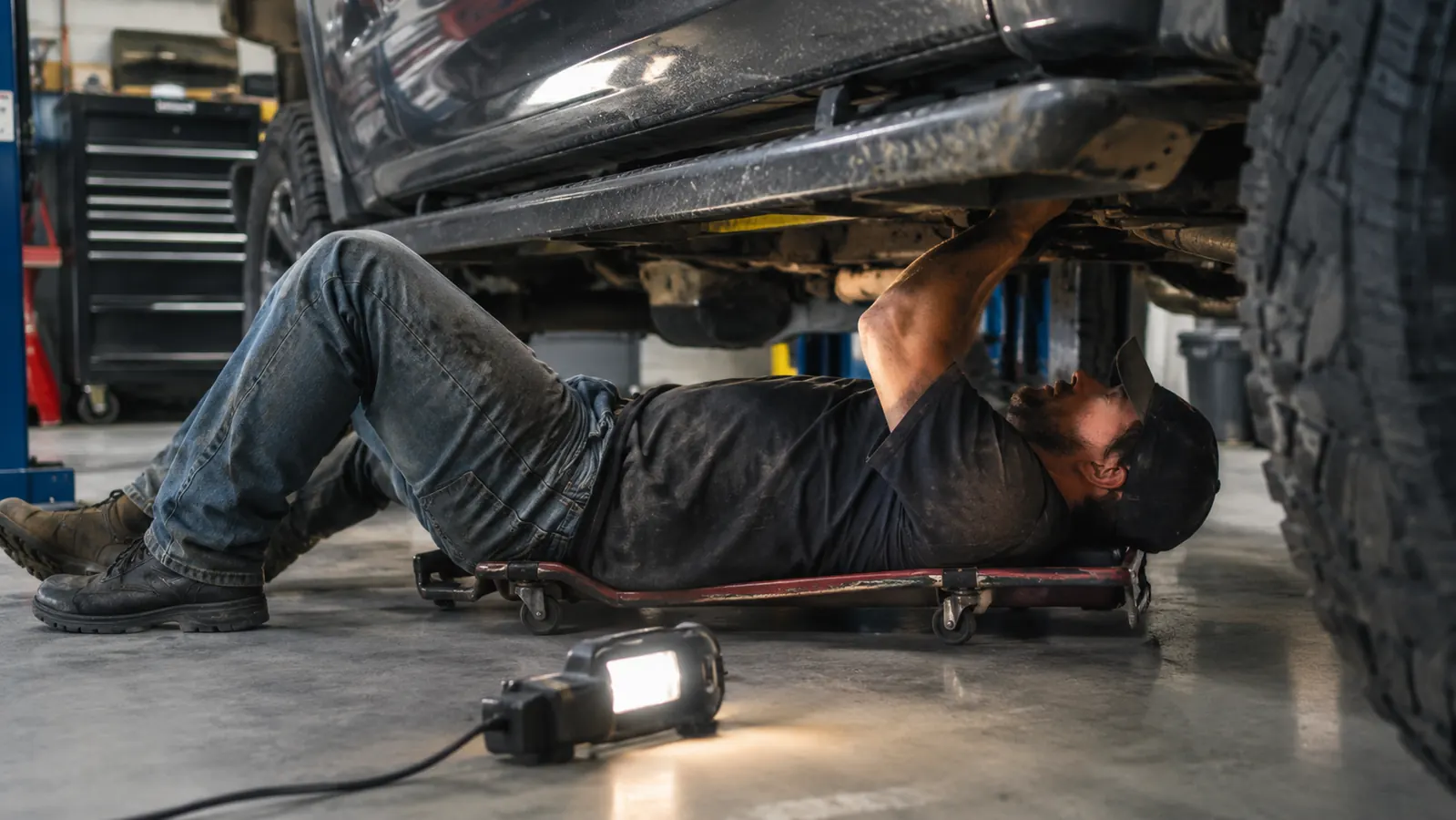 A mechanic kneeling on a creeper while working under a raised truck
