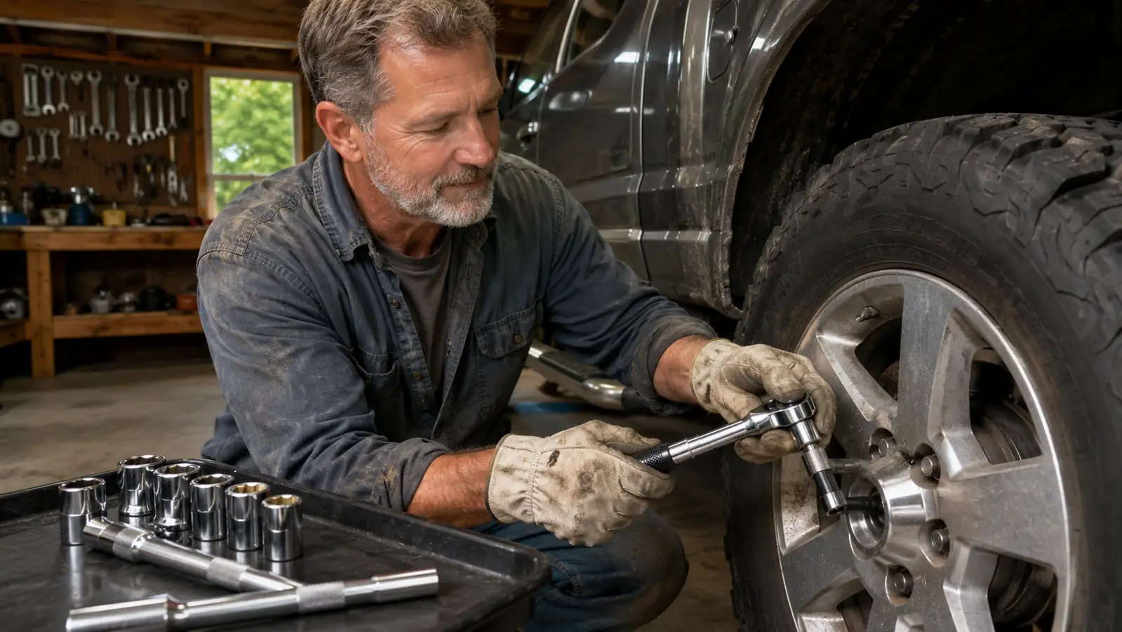 Gloved hand working a socket wrench on a pickup truck wheel in a garage