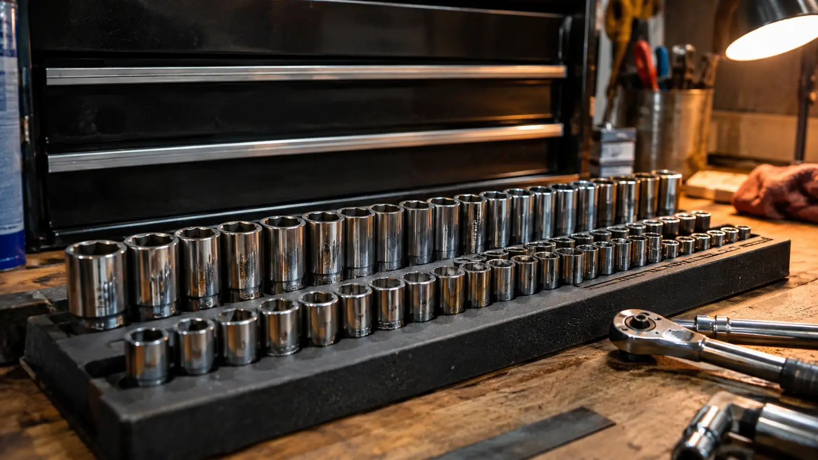 Sockets laid out in order on a labeled tray on a garage workbench