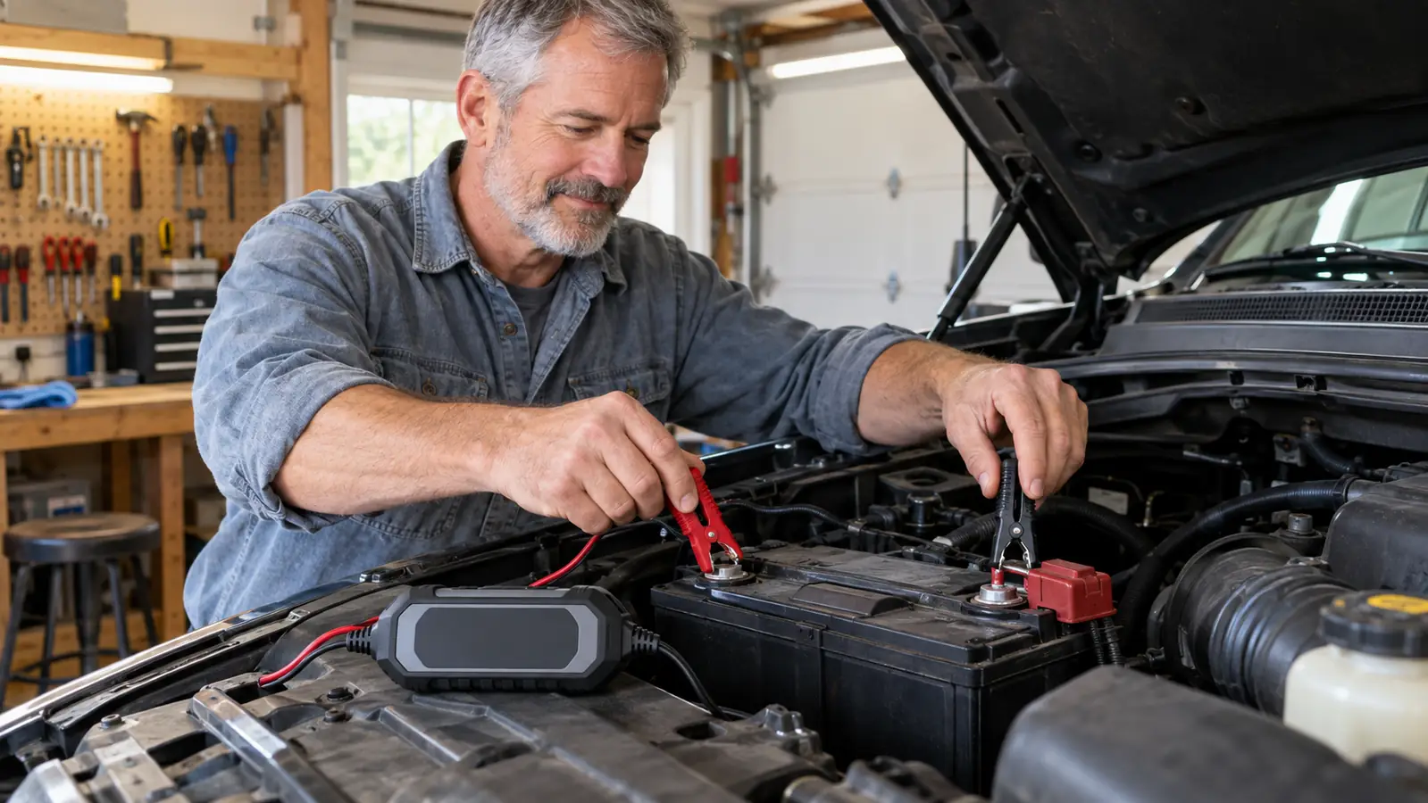 Hands attaching the two clips of a battery maintainer to a truck battery under an open hood.