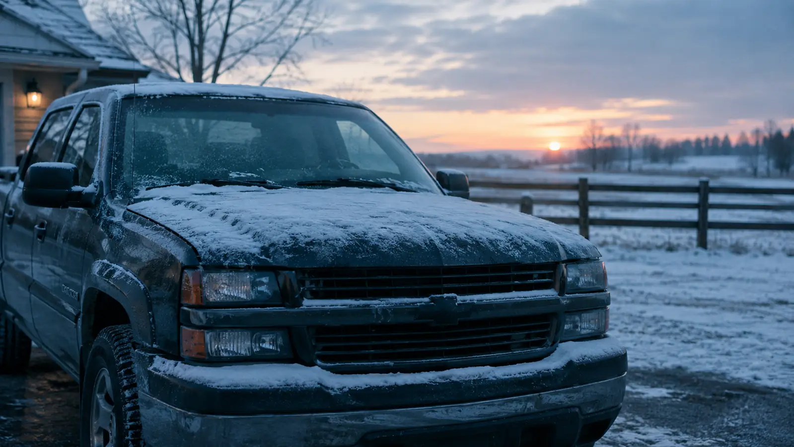Pickup truck in a home driveway dusted with snow at first light.