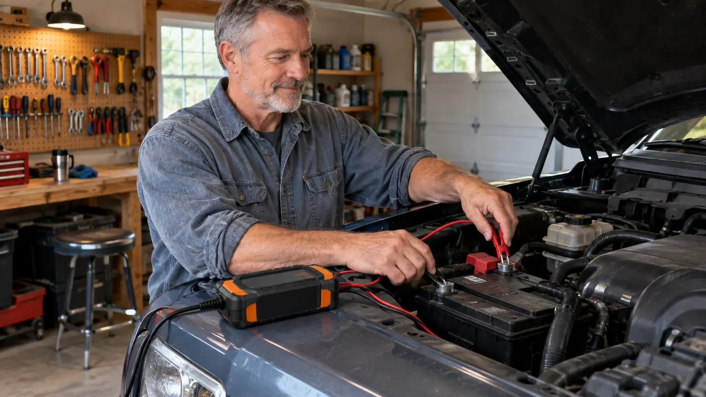 A hand connecting a ring terminal harness to a car battery in an engine bay