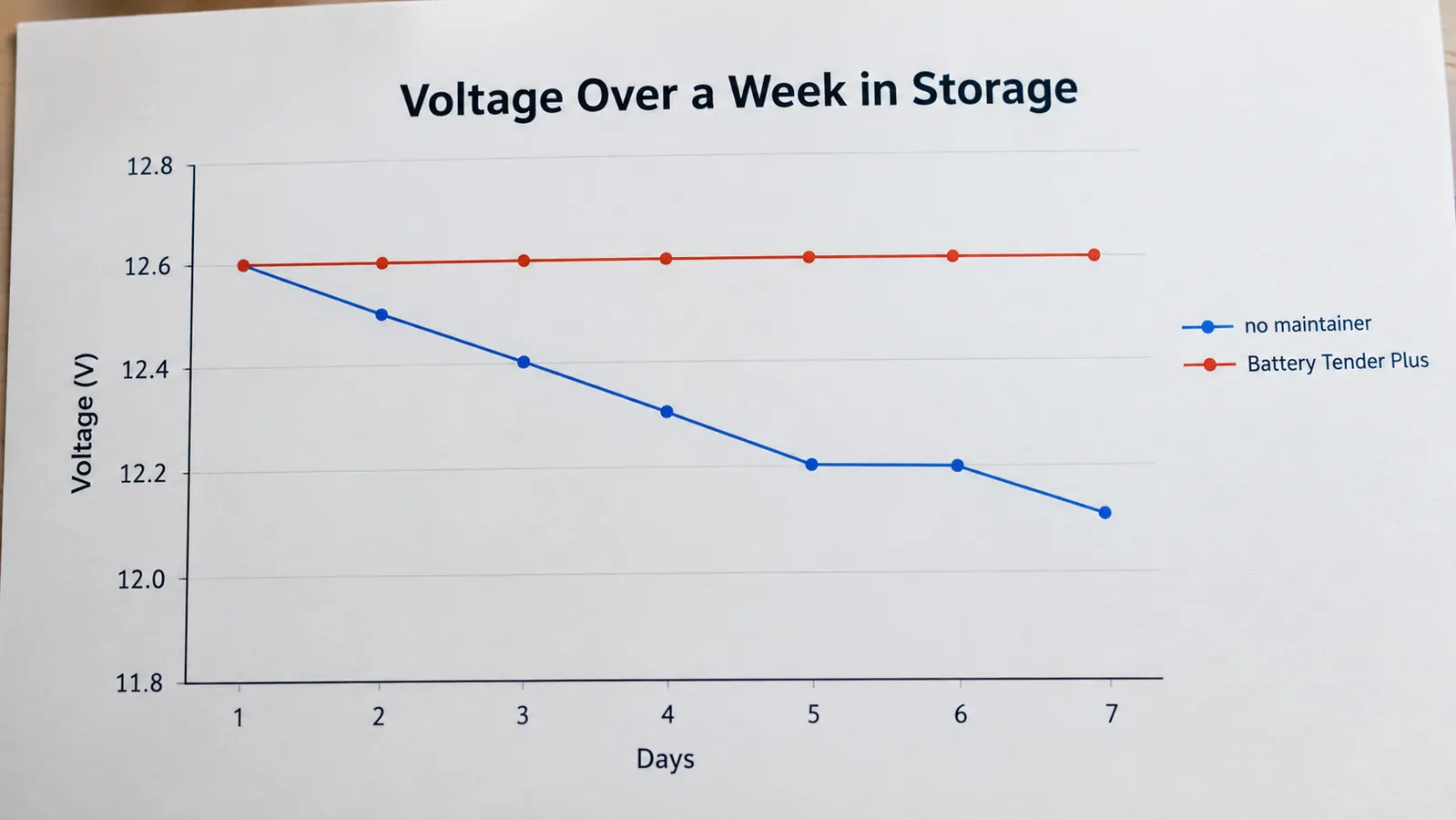 A chart showing battery voltage over a week of storage with and without a maintainer