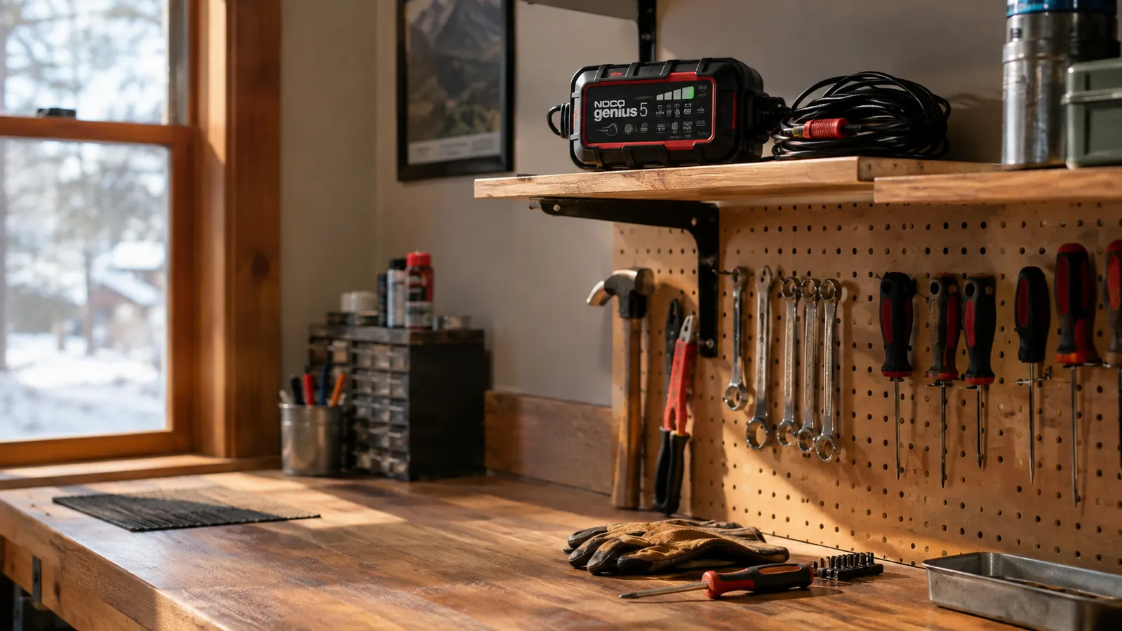 A battery maintainer sitting on a shelf above a wooden workbench in a two-car garage, its cord neatly coiled beside it