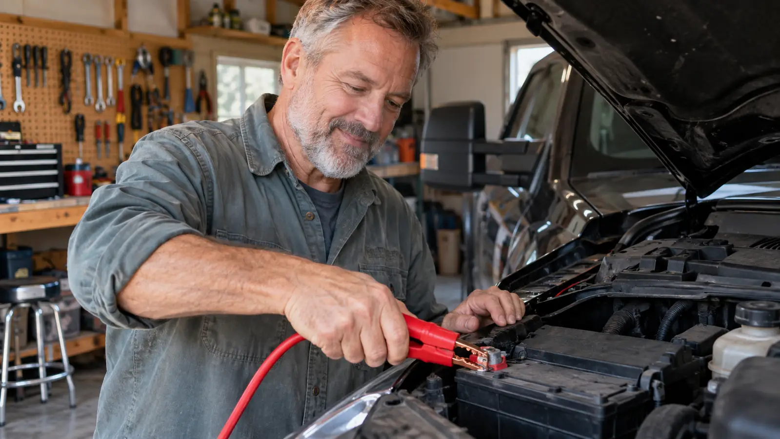 A hand connecting a charger clamp to a truck battery terminal