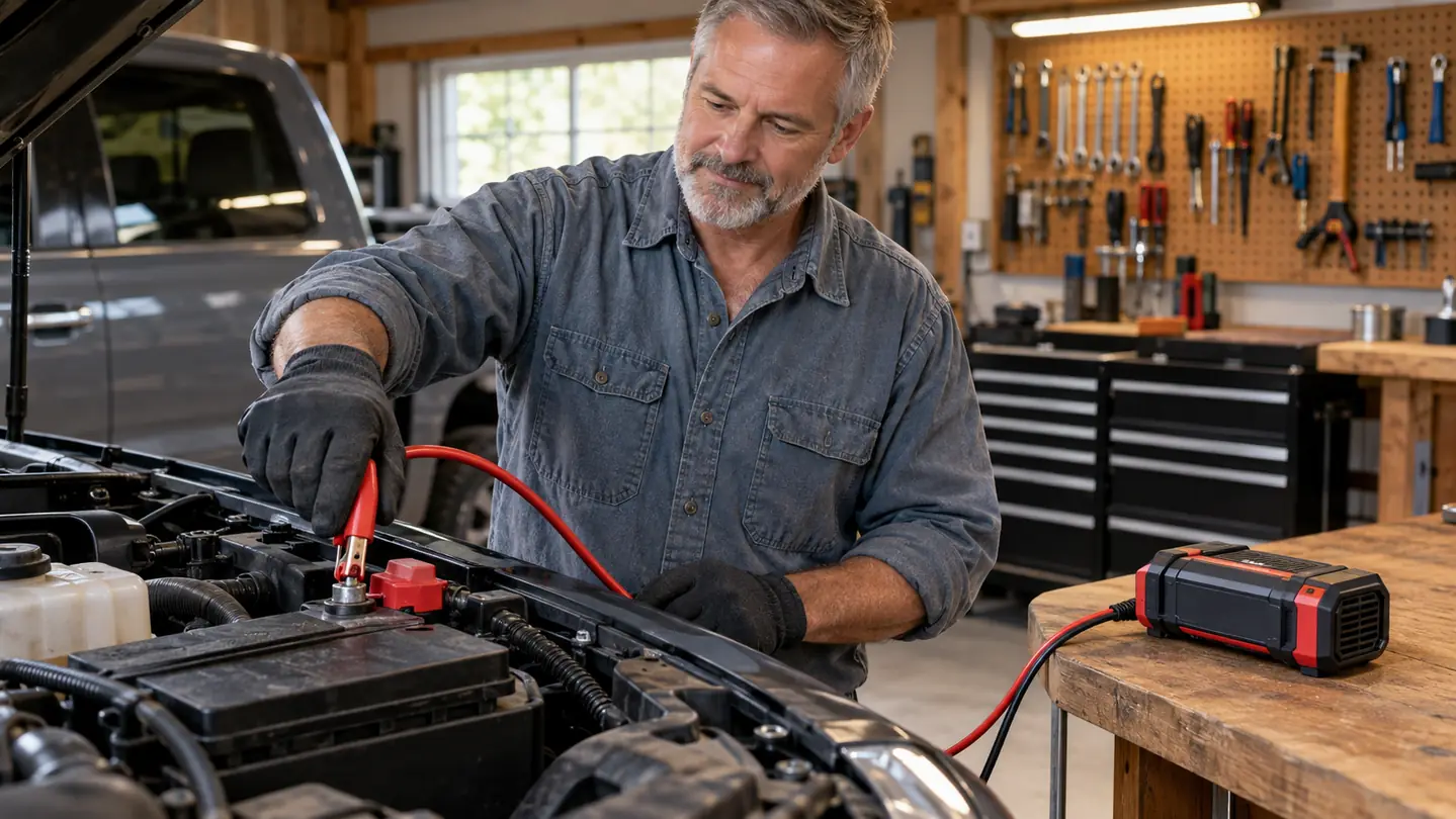 A gloved hand pressing a ring terminal onto a truck battery while the charger sits on a workbench nearby