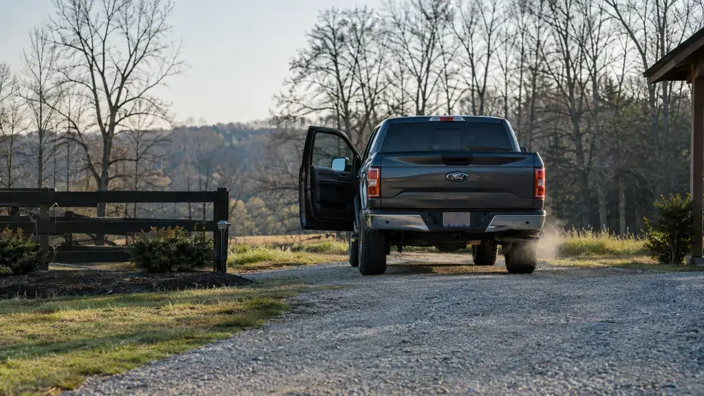 A pickup truck on a clear spring morning with a thin puff of exhaust and the driver's door open