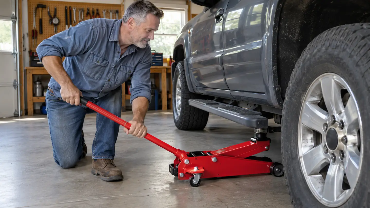 A hand lowering the handle of a red floor jack beside a pickup truck tire
