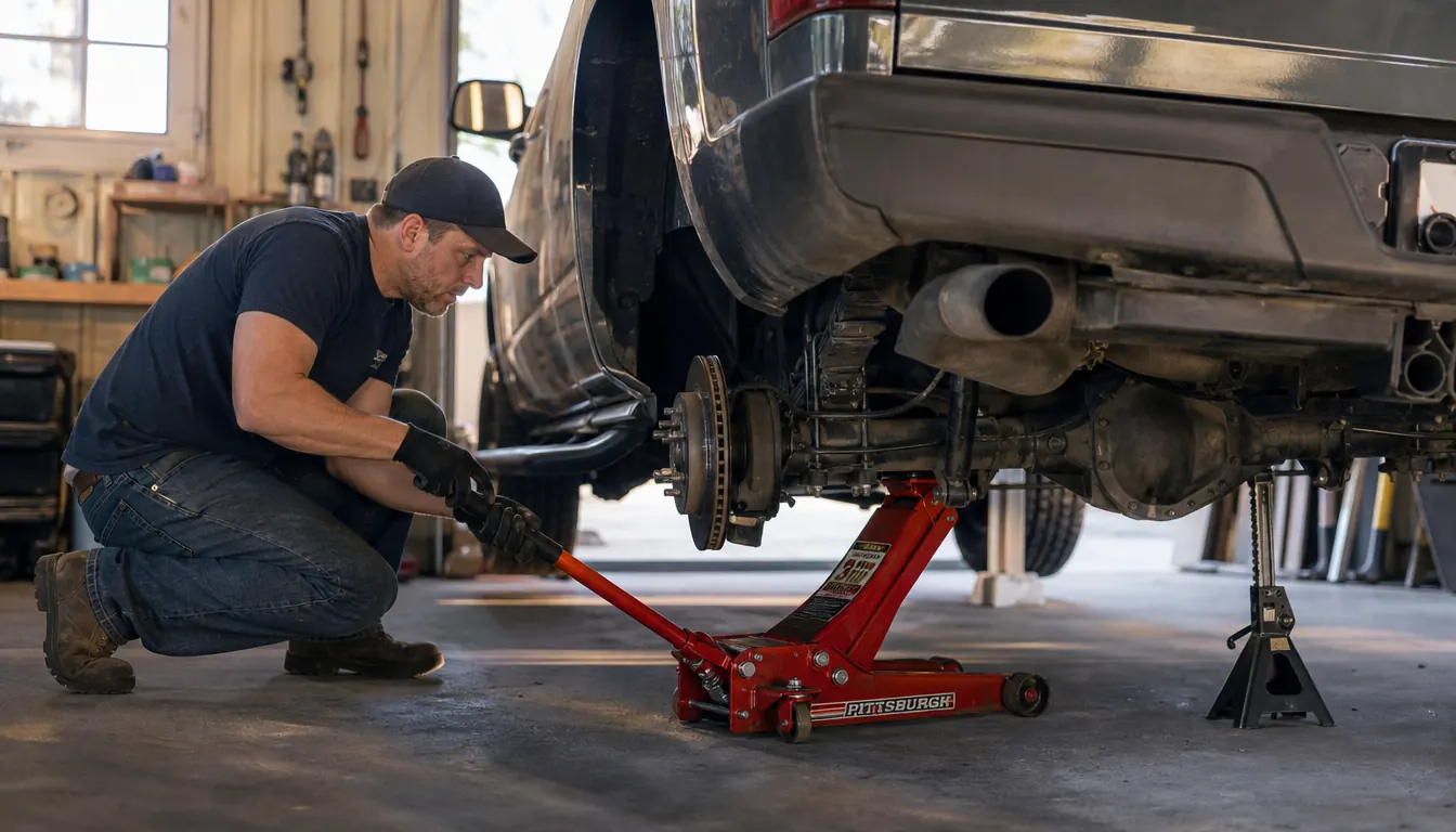 A red floor jack lifting the rear axle of a pickup truck in a garage