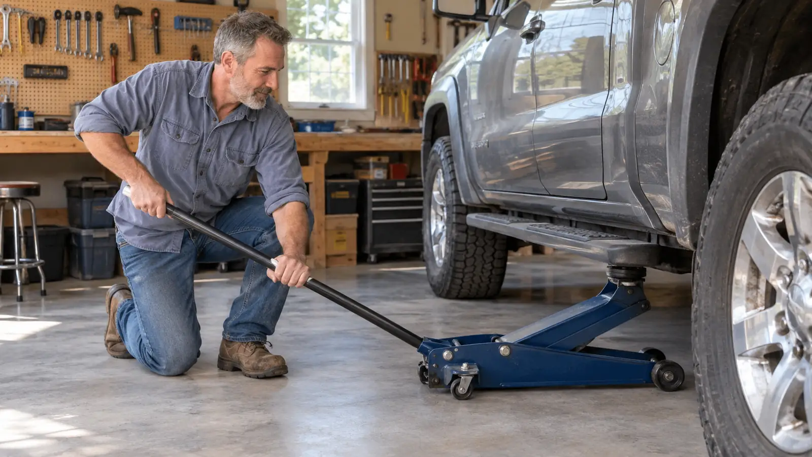 A hand pumping the handle of a floor jack while the truck lifts, garage floor and workbench in the background