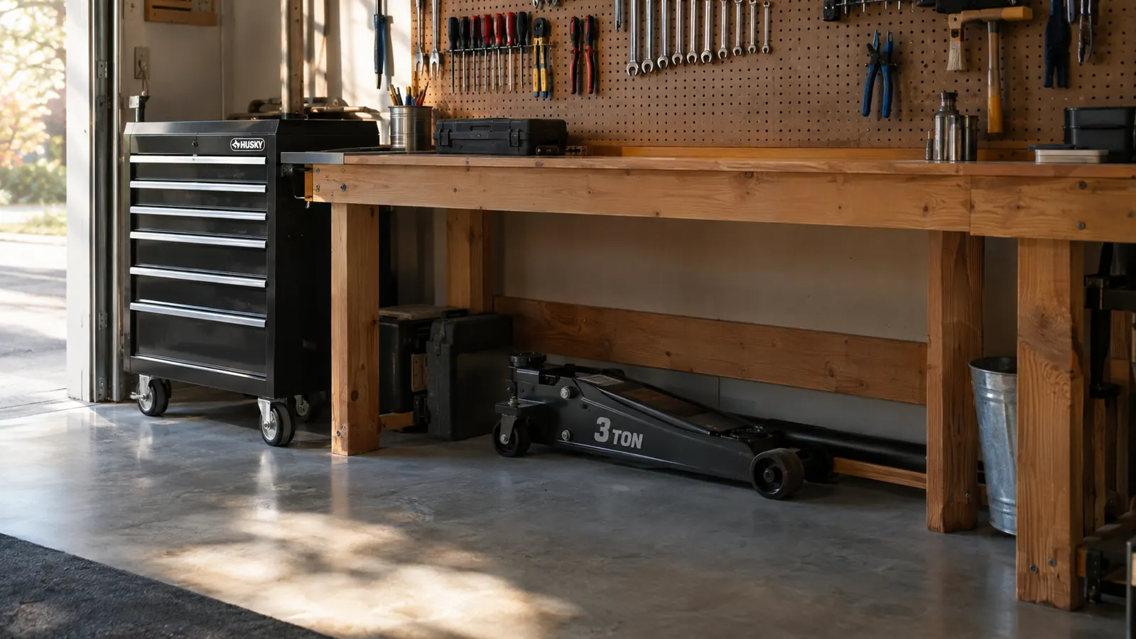 A floor jack parked under a long wooden workbench in a home garage, rolling tool chest nearby