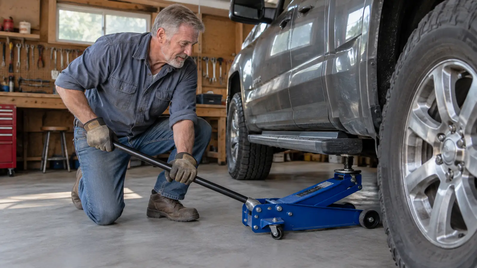 A hand lowering the handle of a floor jack beside a pickup truck tire