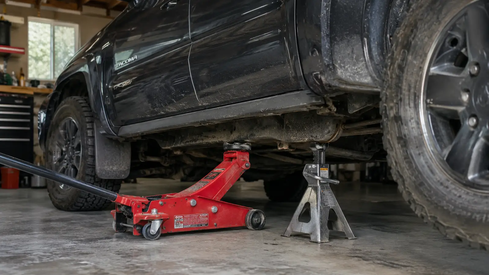 A pickup truck raised on a floor jack with a jack stand placed under the frame as a safety measure