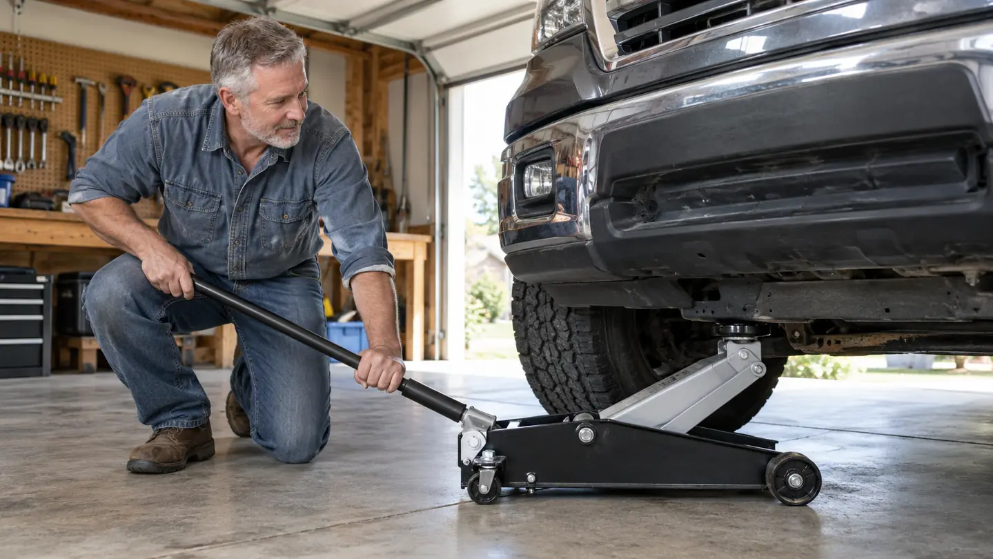 Floor jack positioned under the front crossmember of a pickup truck, handle in hand