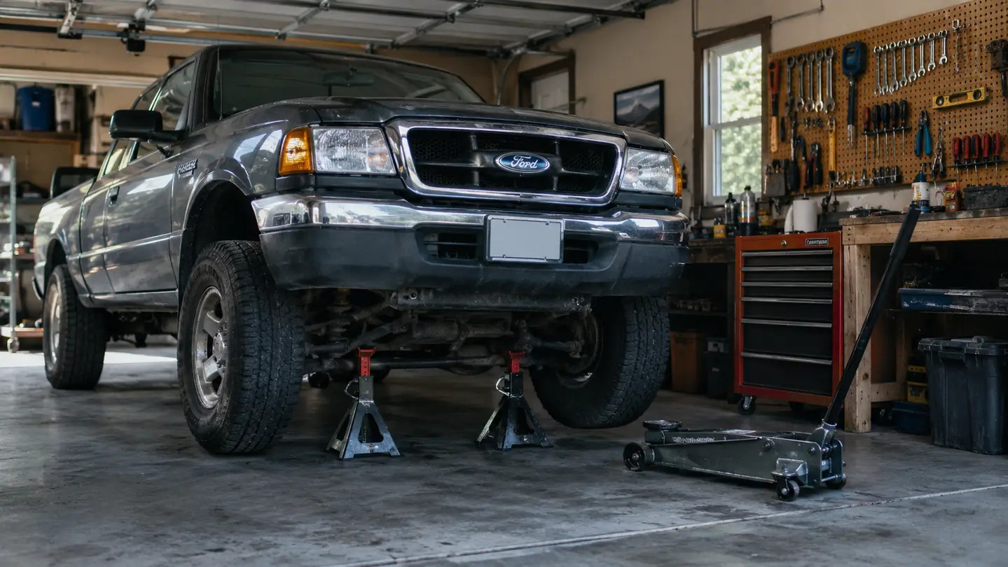 Pickup truck raised on a floor jack with jack stands under the frame in a home garage