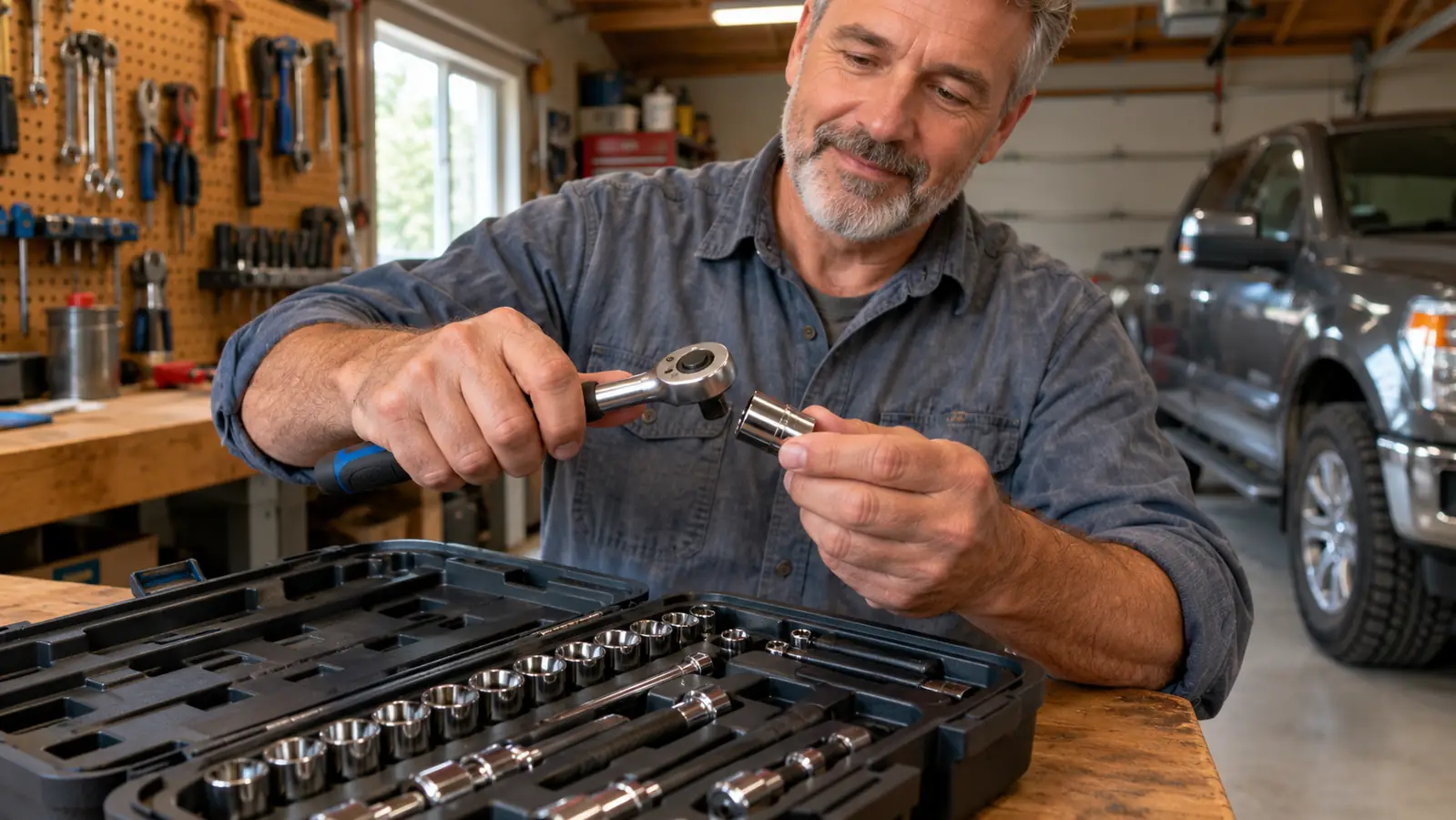 A hand fitting a socket onto a ratchet over an open tool case on a workbench