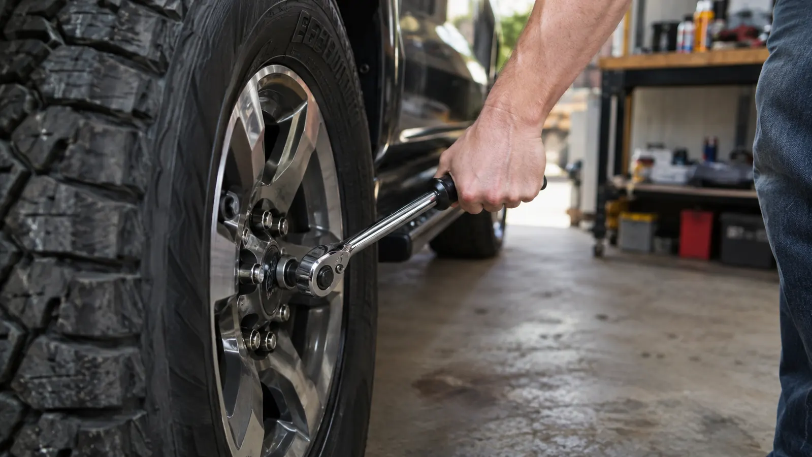 A hand turning a ratchet on a wheel lug nut, garage floor in the background