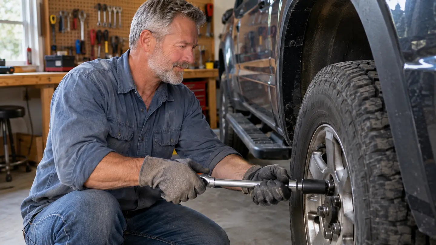 A hand fitting a socket onto a bolt on a truck wheel hub during a brake job