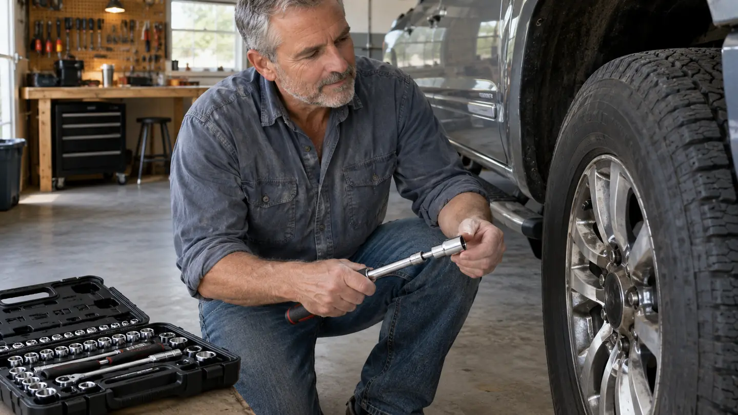 A hand fitting a socket onto a ratchet while working on a pickup truck wheel