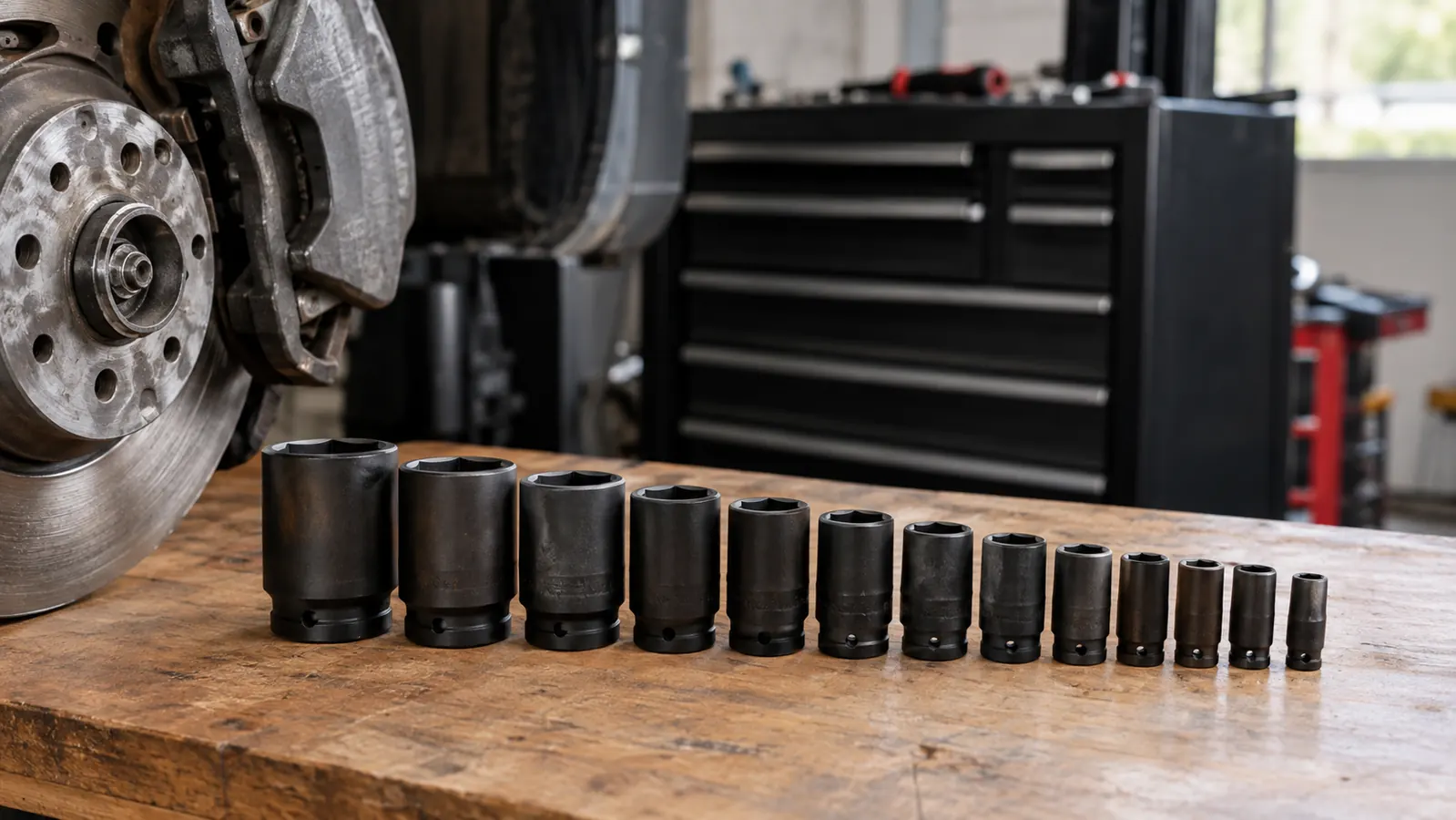 Sockets laid out by size on a workbench beside a pickup truck brake rotor