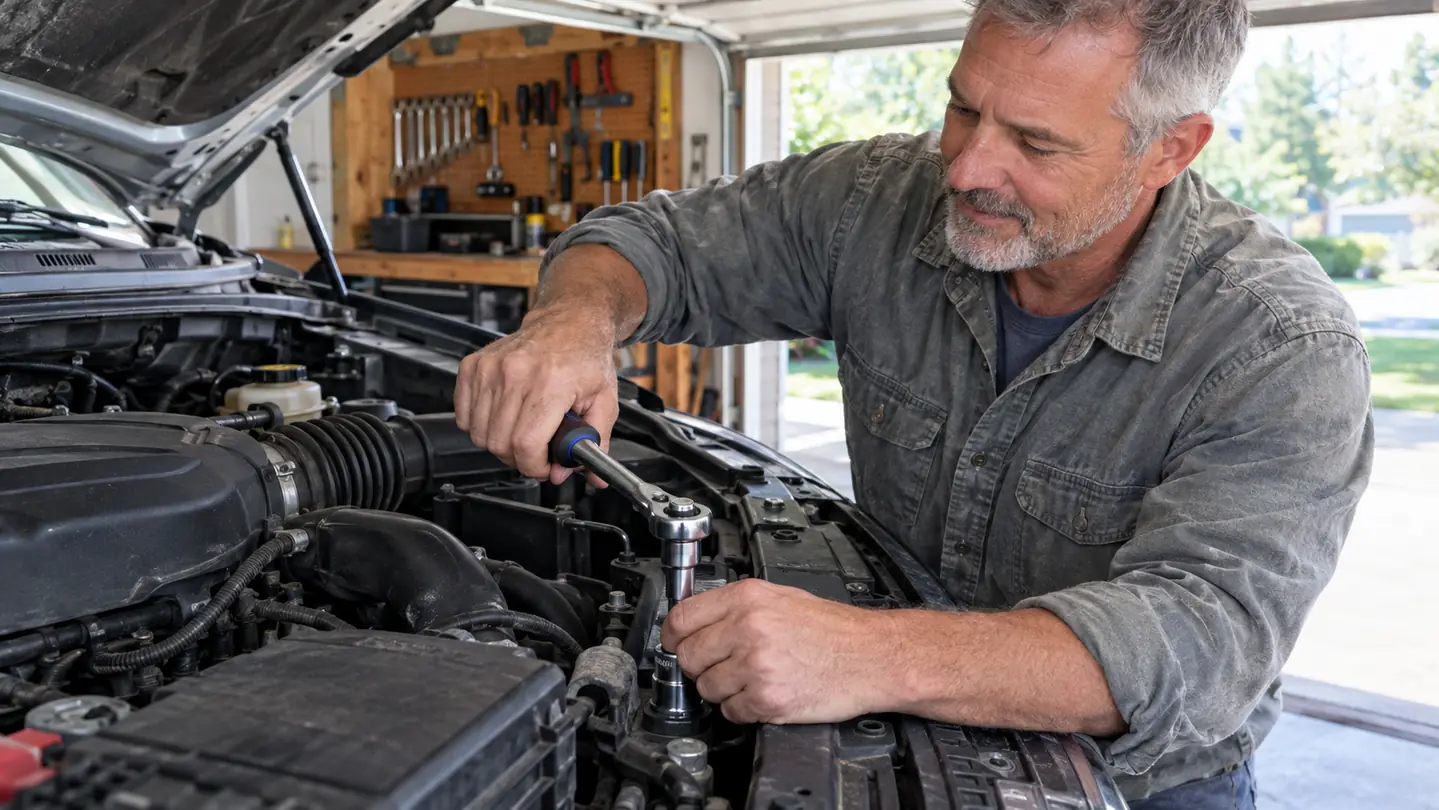 A hand using a socket and ratchet on a bolt near the front of a pickup truck in a home garage