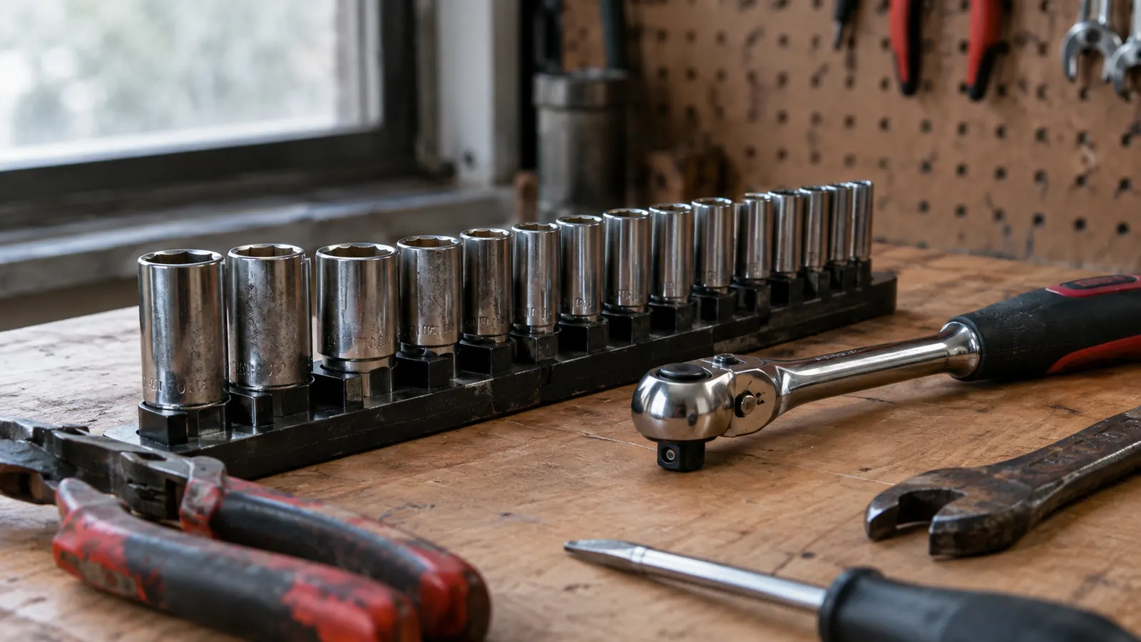 A row of sockets standing in organizer slots on a garage workbench with a ratchet lying beside them