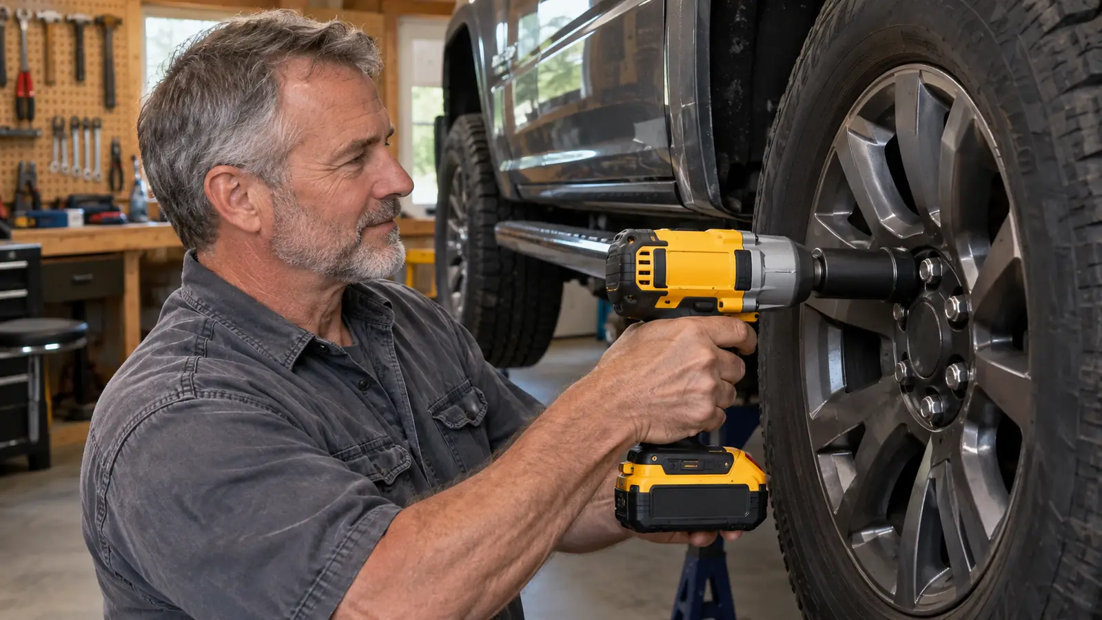 A cordless impact wrench with a socket fitted onto a lug nut on a truck wheel
