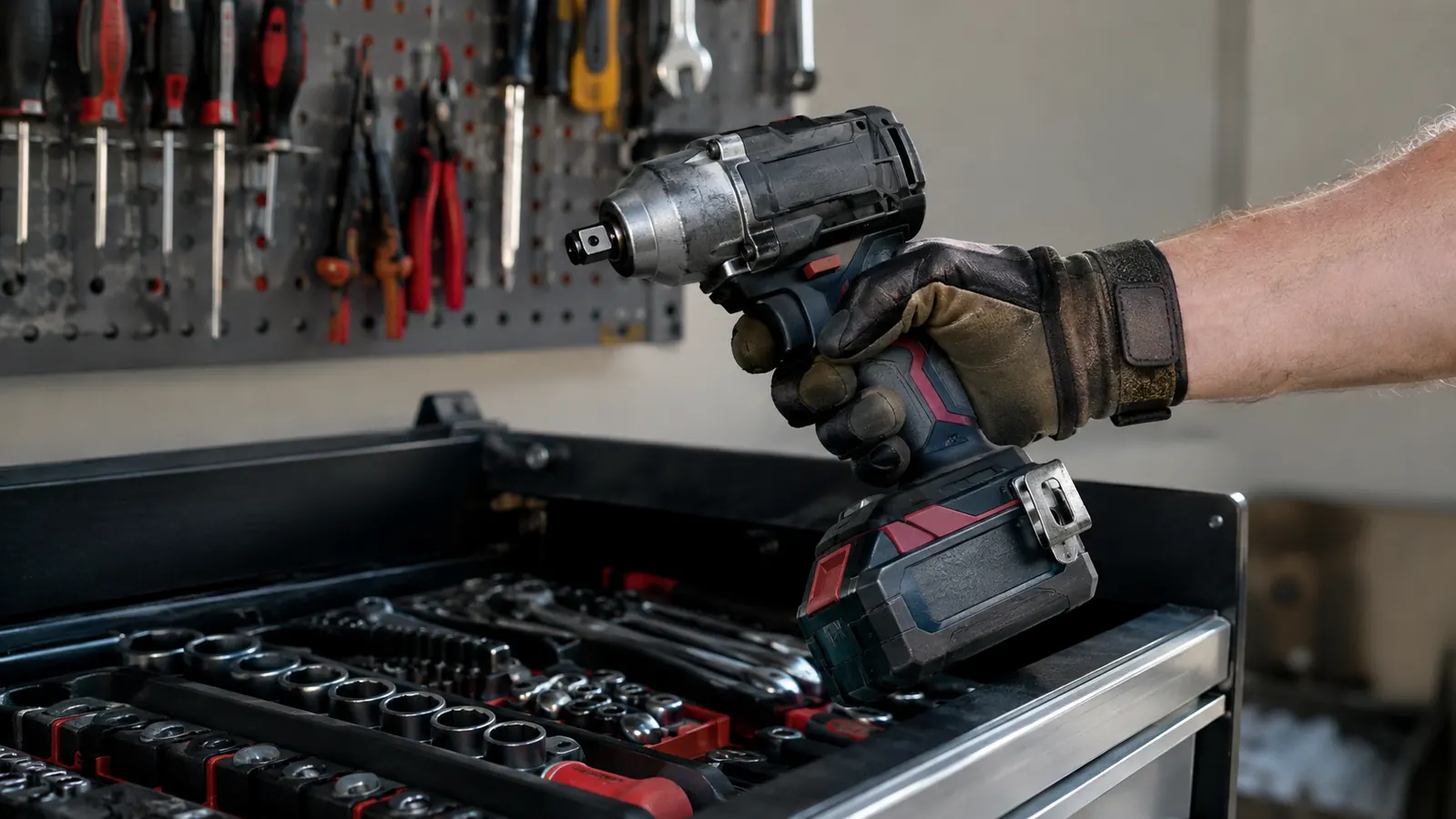 A mechanic's gloved hand holding a cordless impact wrench above a toolbox