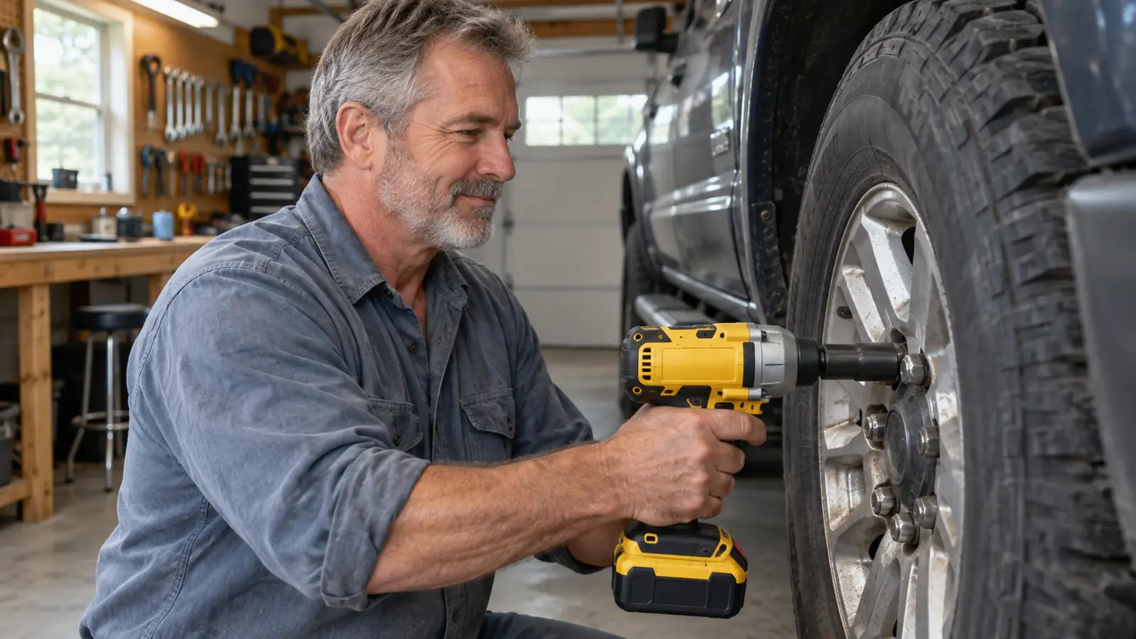 A hand holding a cordless impact wrench over a truck wheel hub, socket fitted on a lug nut