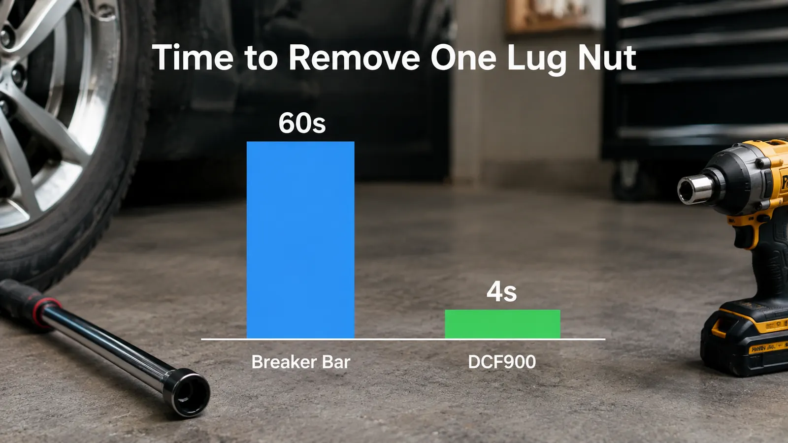 Chart showing time to remove a lug nut dropping from about a minute with a breaker bar to a few seconds with the impact wrench
