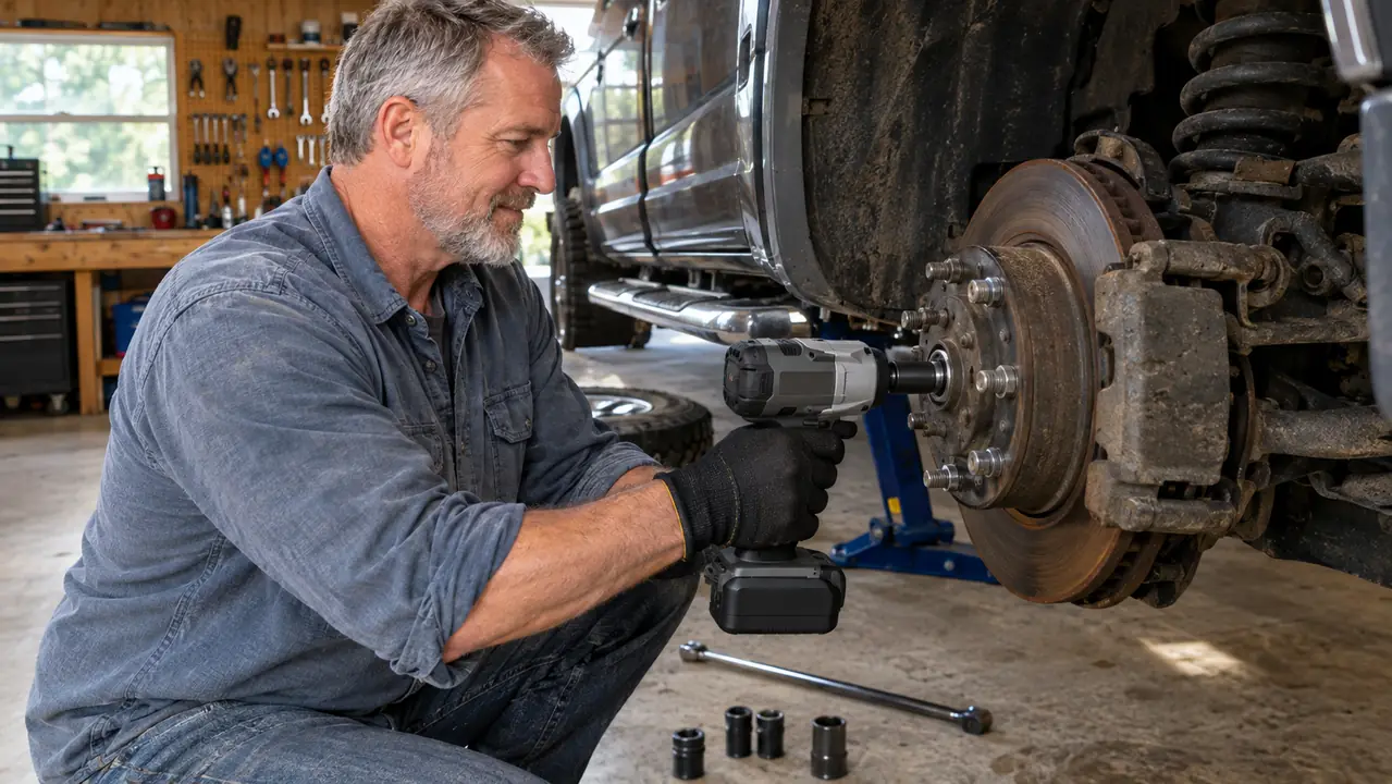 A hand in a work glove running a cordless half-inch impact wrench on the lug nut of a lifted pickup truck wheel.