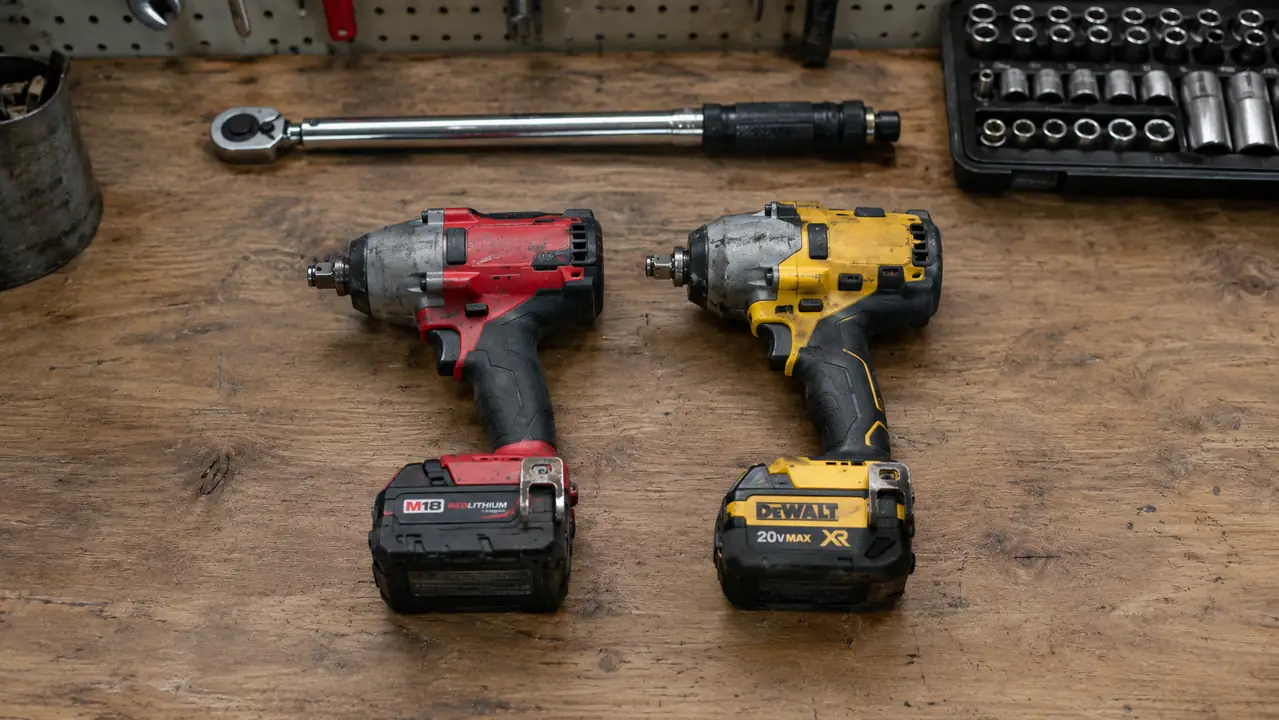 Two cordless half-inch impact wrenches laid side by side on a wooden workbench.