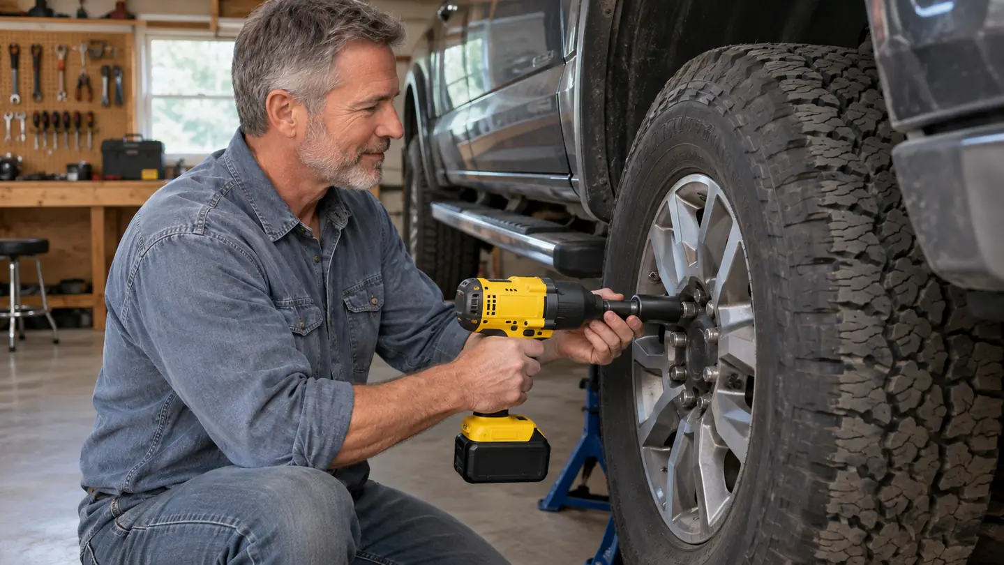 A hand guiding a socket onto a lug nut on a truck wheel while the truck is raised on jack stands