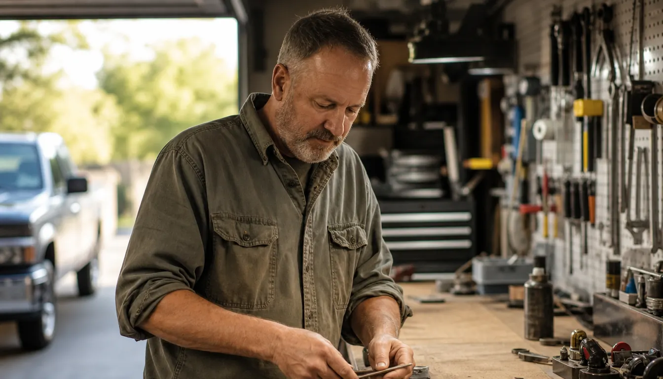 A man with graying hair and a beard standing at a wooden workbench in a two-car garage, a pegboard of hand tools behind him and a pickup truck in the next bay