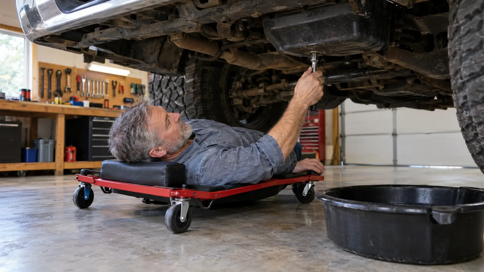 A person using a ratchet on the oil drain plug while lying on a creeper under a pickup
