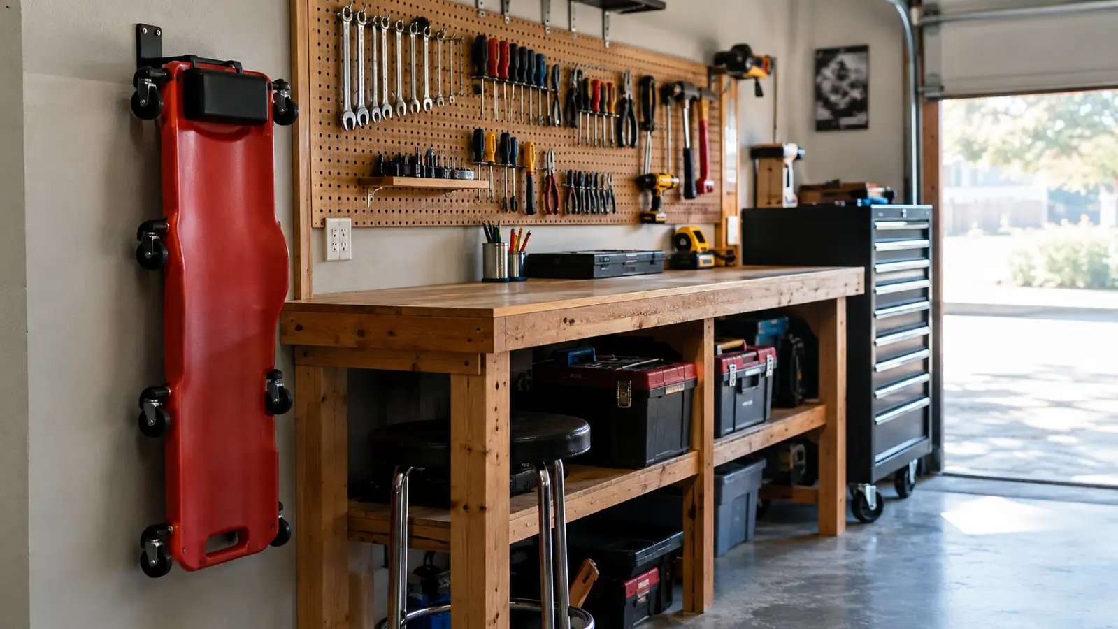 A creeper hanging on a wall hook beside a wooden workbench in a home garage