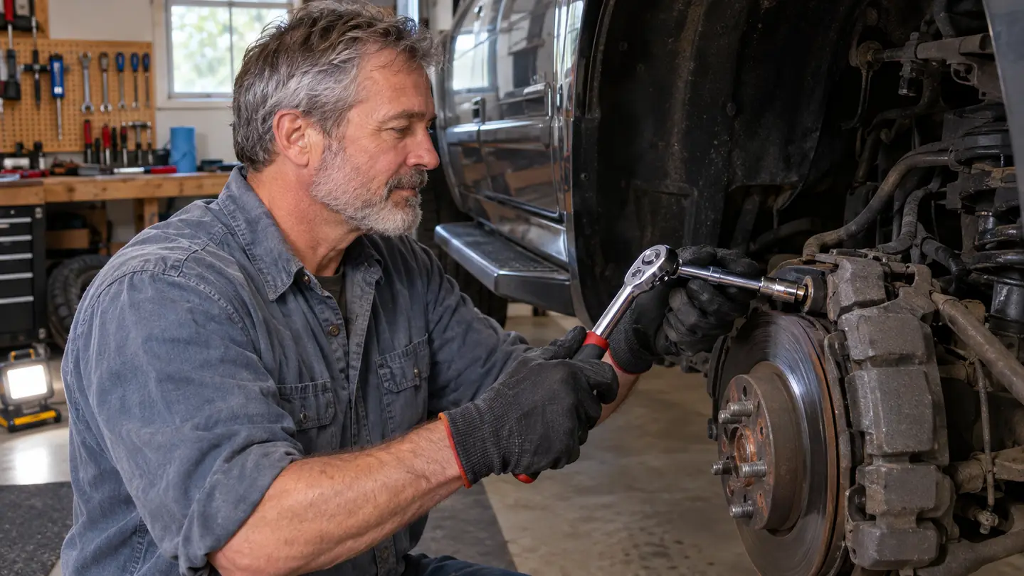 A gloved hand working a socket wrench and extension on a brake caliper bolt of a pickup