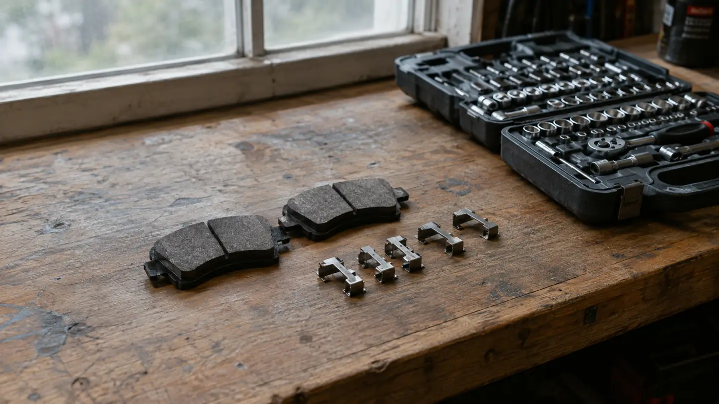 A pair of new brake pads and their clips laid out on a wooden workbench beside an open socket set case