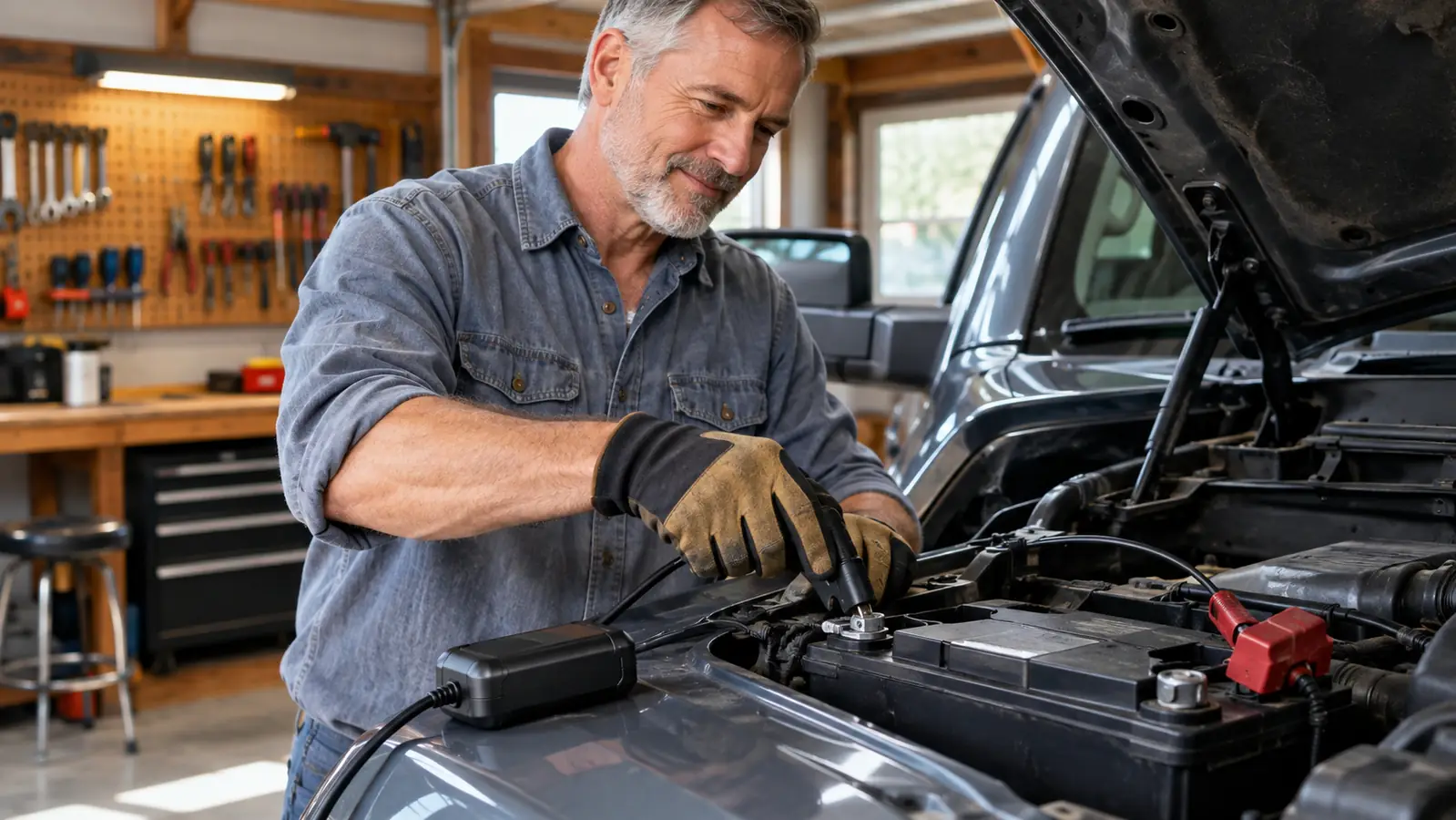 A hand connecting a battery maintainer clamp to a truck battery terminal under the hood