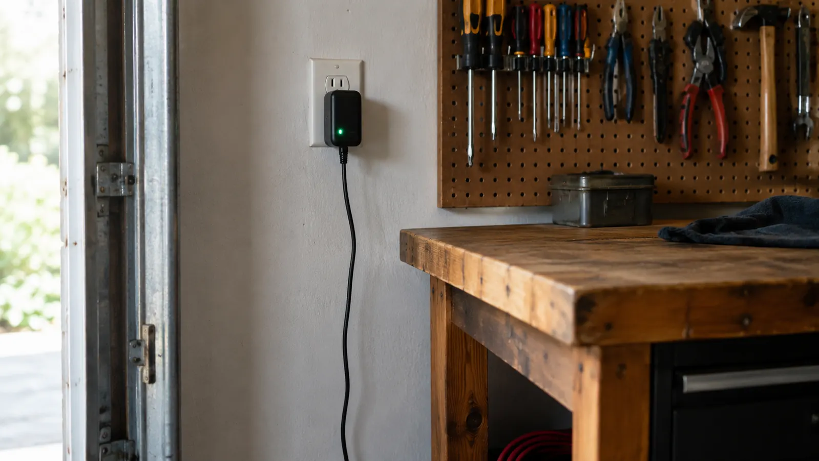 A battery maintainer plugged into a wall outlet with its indicator light glowing green, mounted on a garage wall above a workbench