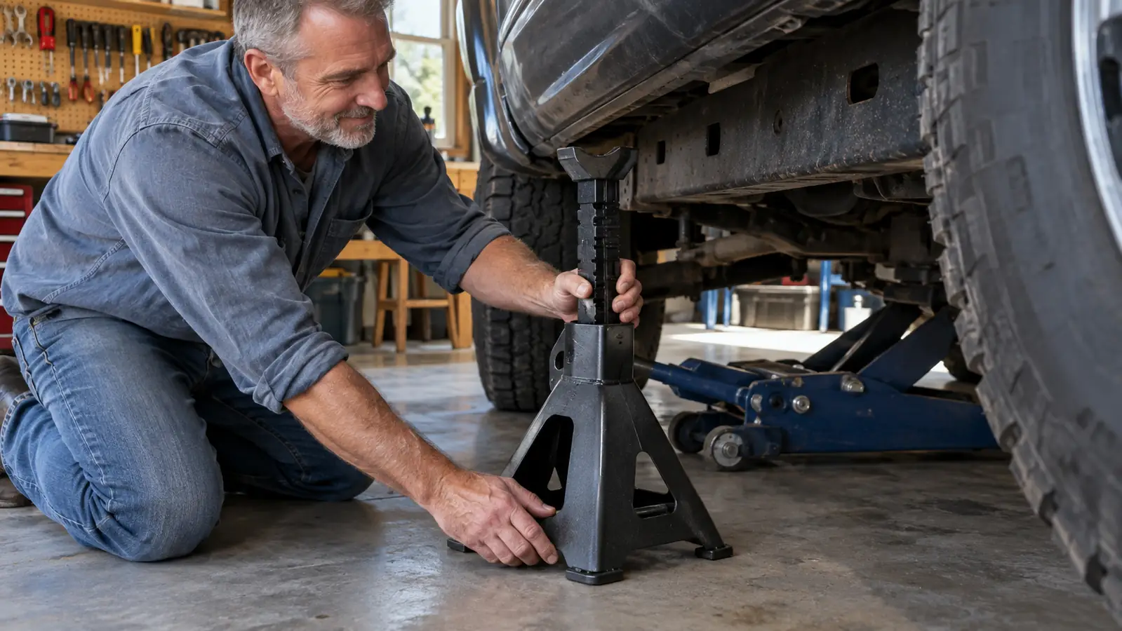 A hand placing a jack stand under the frame of a lifted pickup truck