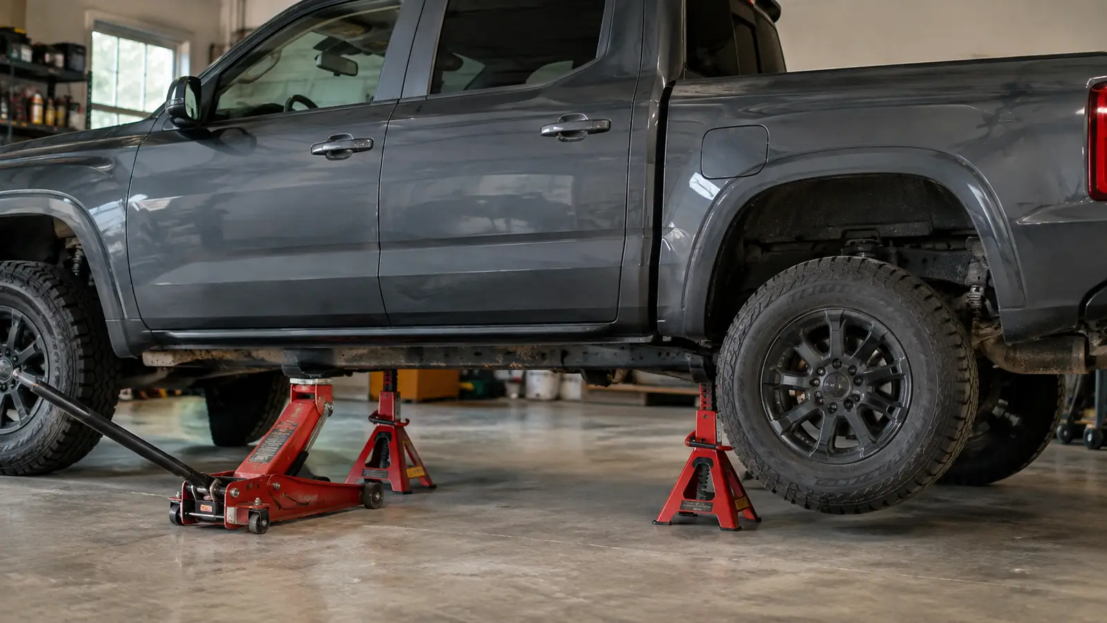A pickup truck raised on a floor jack with jack stands supporting the frame, viewed from the side