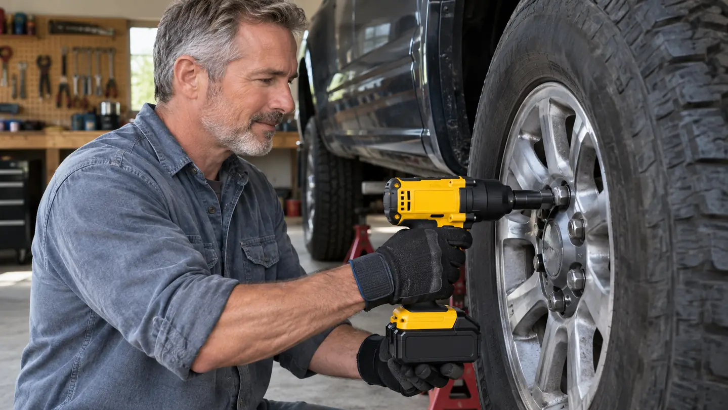 A gloved hand guiding a cordless impact wrench onto a lug nut on a pickup truck wheel