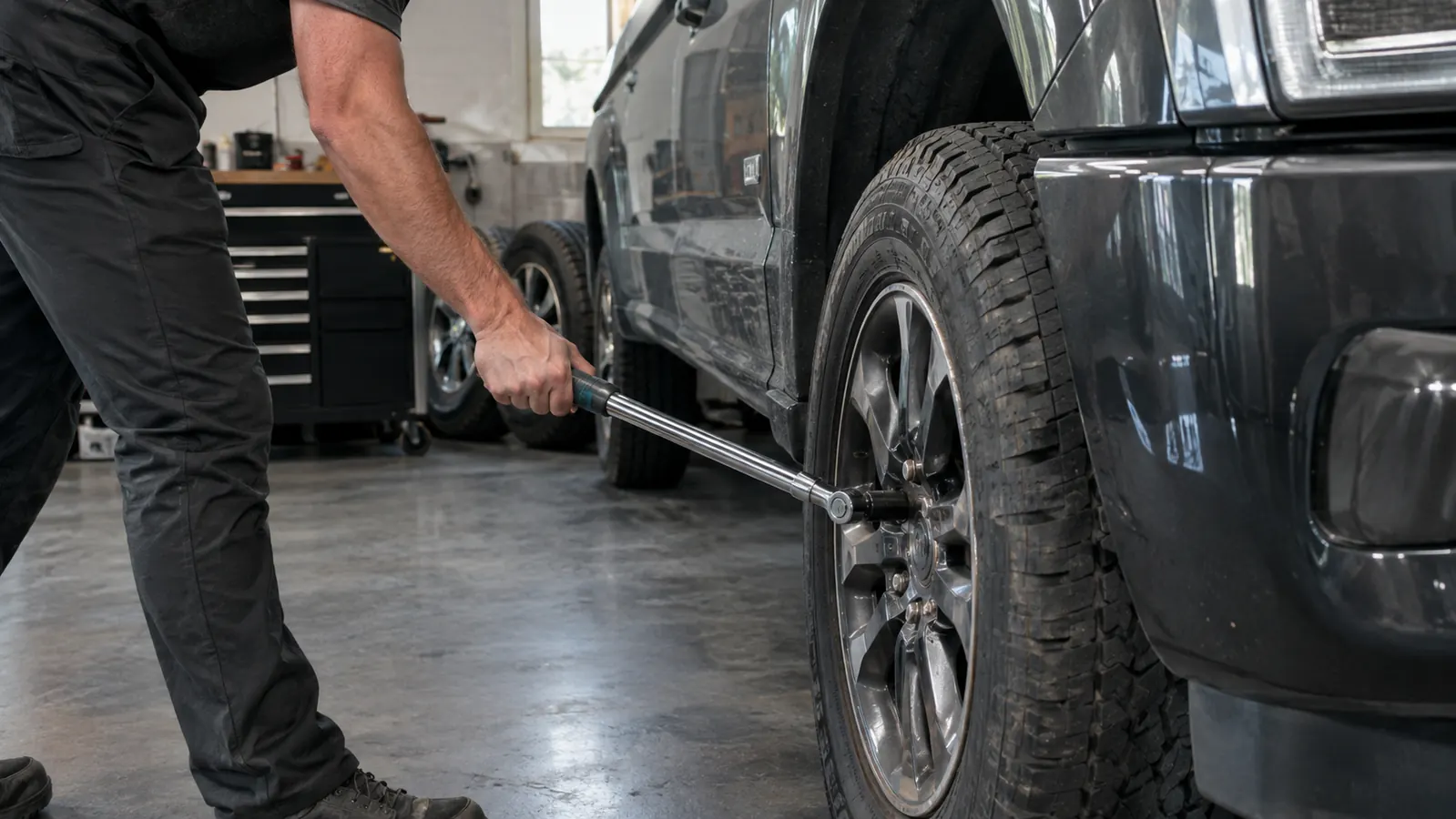 A hand pulling a click-type torque wrench across a lug nut on a pickup truck wheel lowered to the ground