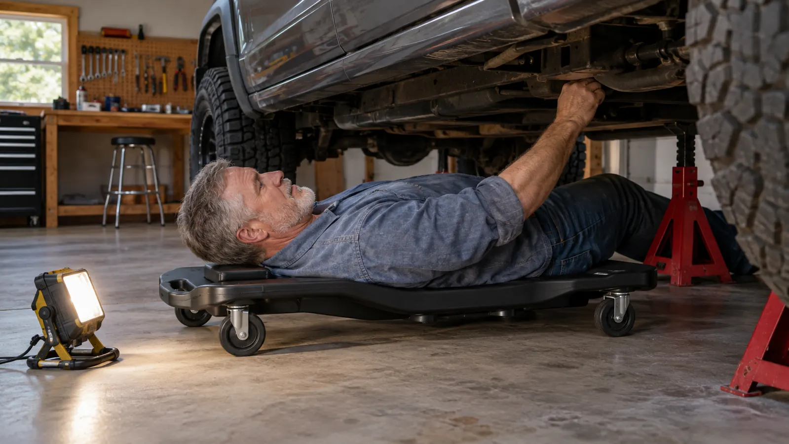 A man lying on a mechanic creeper sliding under a pickup truck raised on jack stands.